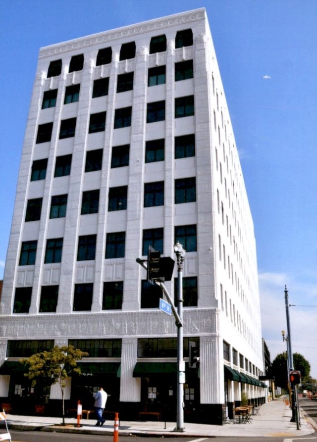 After: view of completed front of Long Beach Building from across the street